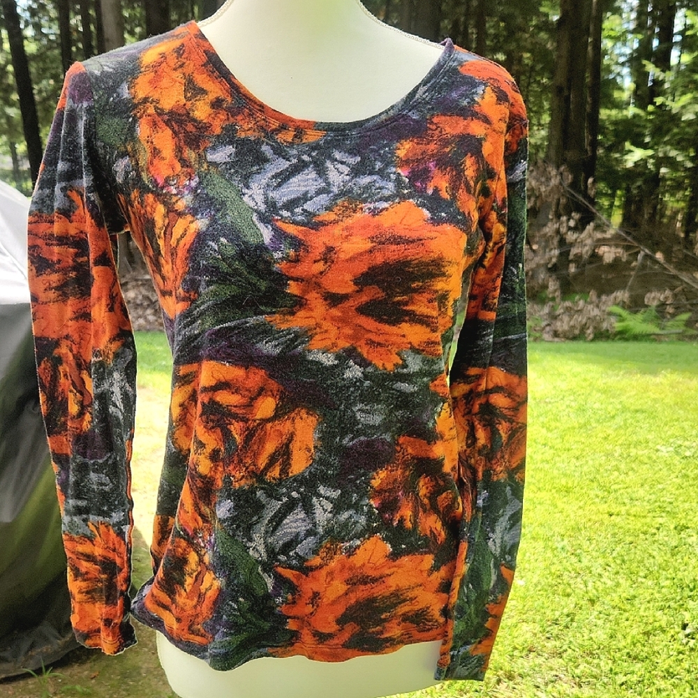 Y2K Dark Floral Watercolor Jersey Knit Hippie Grunge Long Sleeve Top